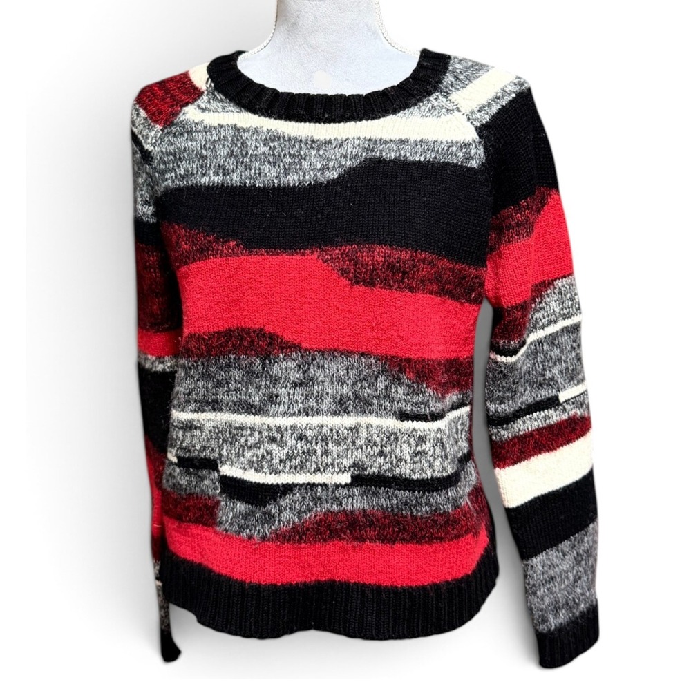 Milly Wool Mohair Abstract Stripe Sweater Red Black Grey L Statement Warm Fall